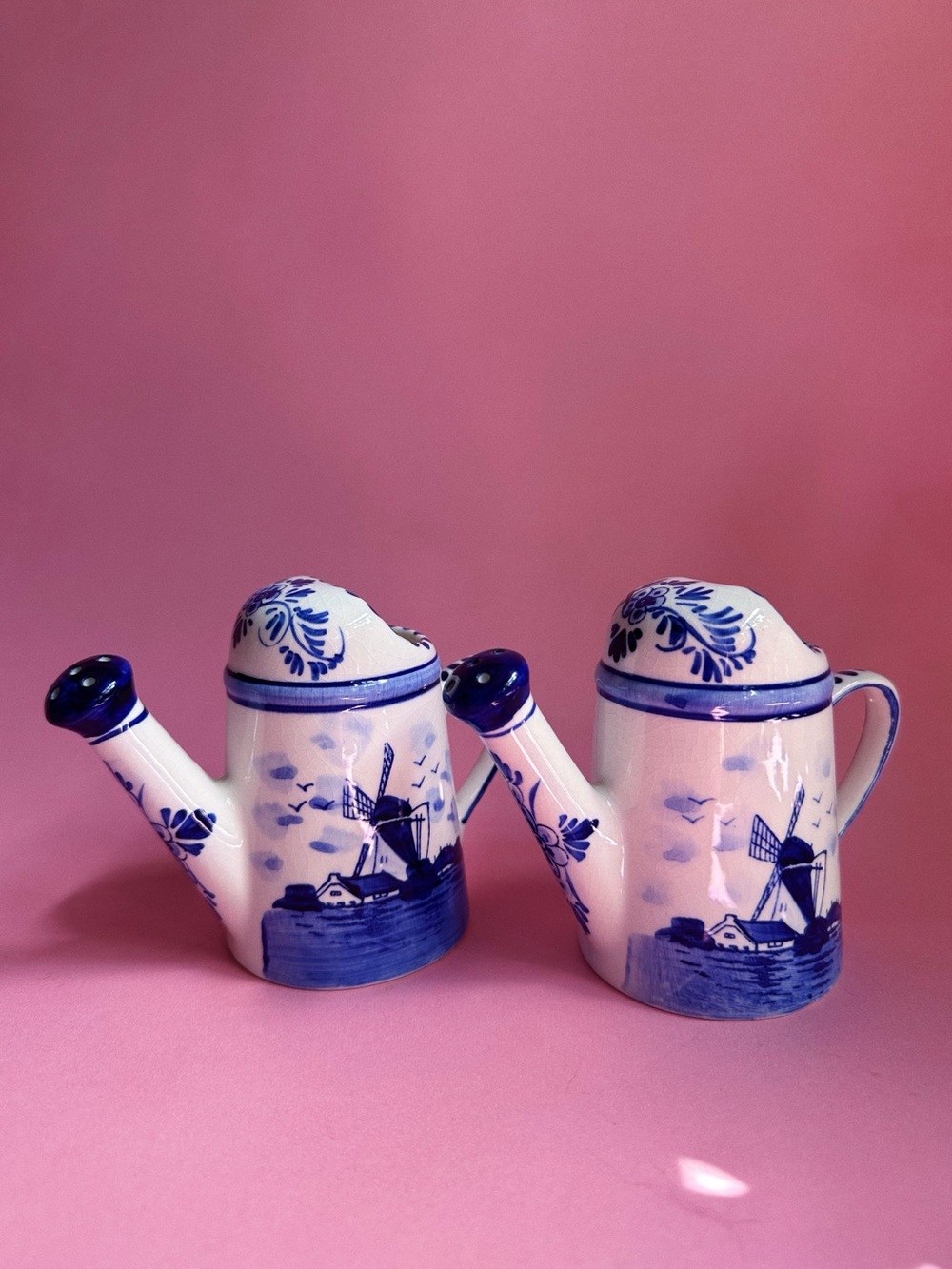 Pair of Vintage Blue & White Small Delft Ceramic Watering Cans